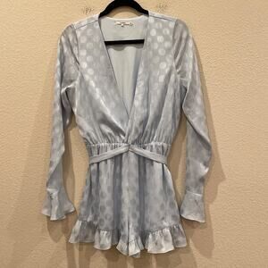 Tularosa Romper Shorts Long Sleeve Blue Ruffles V Neck Tonal Dots Size Small